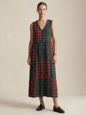 Vintage Plaid Tartan Maxi Pinafore Dress Size XL Red Green